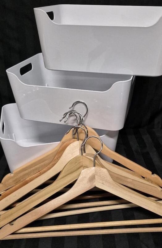 3 IKEA Kitchen Storage Boxes & 7 Wooden Hangers