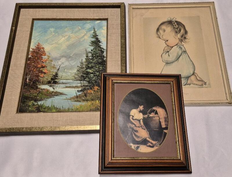 3 Vintage Framed Prints & Painting on Canvas Signed