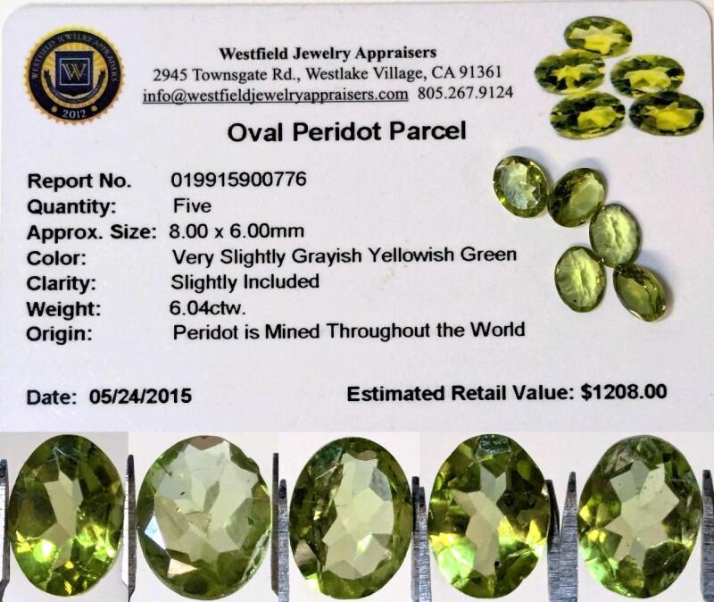 Oval Peridot 5-Stone Parcel, 6.04 ctw, 8.00 &times; 6.00mm, Very Slightly Grayish Yellowish Green, Slightly Included, With 10+ Year Old Appraisal & Estimated Replacement Value $1208.00 At That Time
