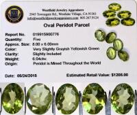 Oval Peridot 5-Stone Parcel, 6.04 ctw, 8.00 &times; 6.00mm, Very Slightly Grayish Yellowish Green, Slightly Included, With 10+ Year Old Appraisal & Estimated Replacement Value $1208.00 At That Time