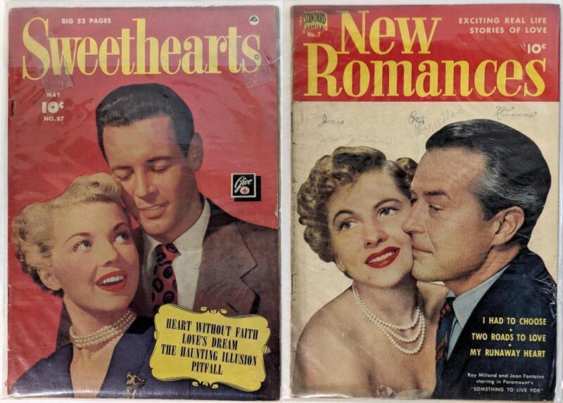 Vintage 1950s NEW ROMANCES No. 7 Standard Comics Signed by Ray Milland & Joan Fontaine + SWEETHEARTS May No. 87, Both Bagged & Boarded