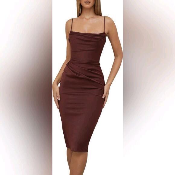 New Size SM Women's HOUSE OF CB LONDON Anja Satin Corset Midi Dress, Brown SB6548C