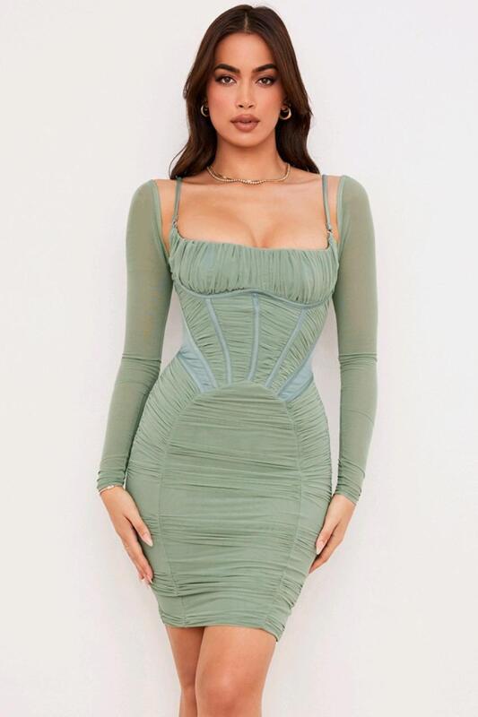 New Size MED Women's HOUSE OF CB LONDON Freyja Green Gathered Corset Dress
