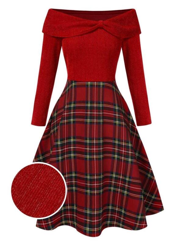 New Size XS/SM Women's RETRO STAGE Green 1950s Off Shoulder Tartan Dress