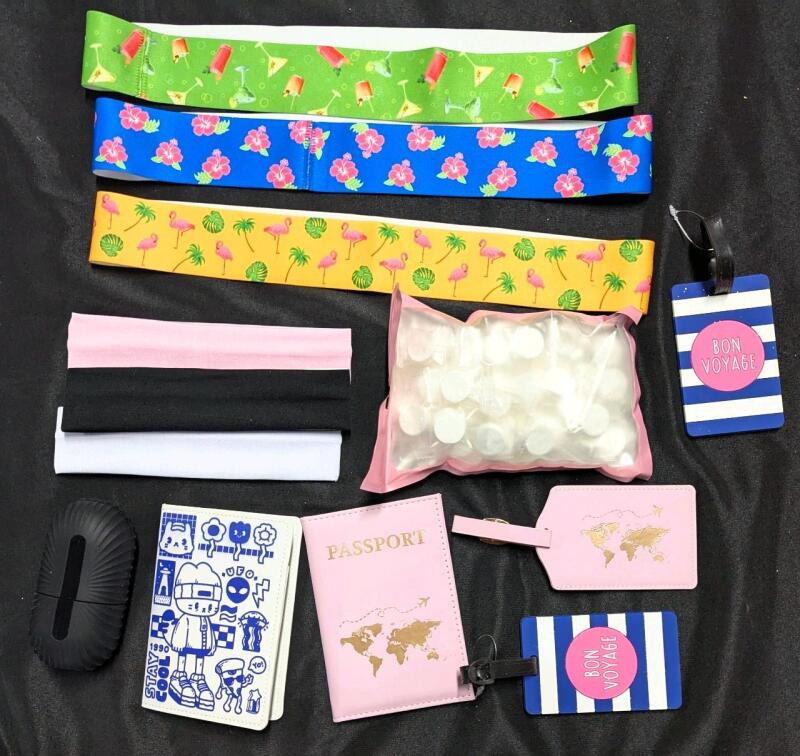 New Travel Essentials: 3 Elastic Luggage Straps, 3 Headbands, 2 Passport Holders, 3 Luggage Tags, 35+ Emergency Travel Towels (Just Add Water) & Silicone Case