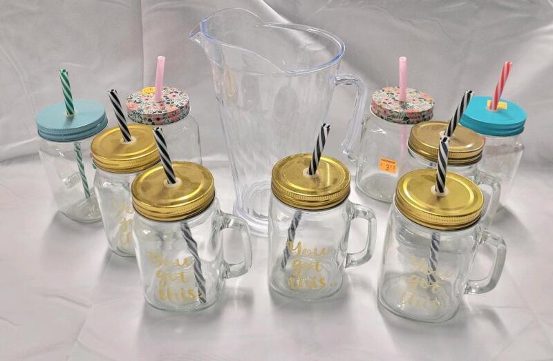 New - 60oz Pitcher & 9 Mason Jar Glasses w/Straw and Lid