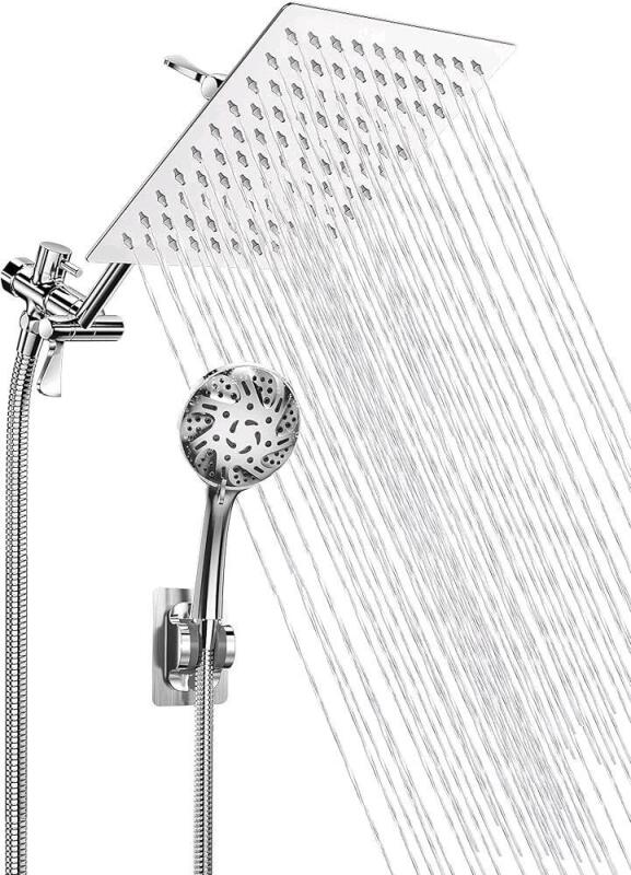 New High Pressure Shower Head, Handheld & Rainfall Shower Head Combo with 11&rdquo; Extension Arm, 1.5M Hose, Height/Angle Adjustable, 9-setting Handheld Shower with Holder, Filter, Anti-leak, Chrome