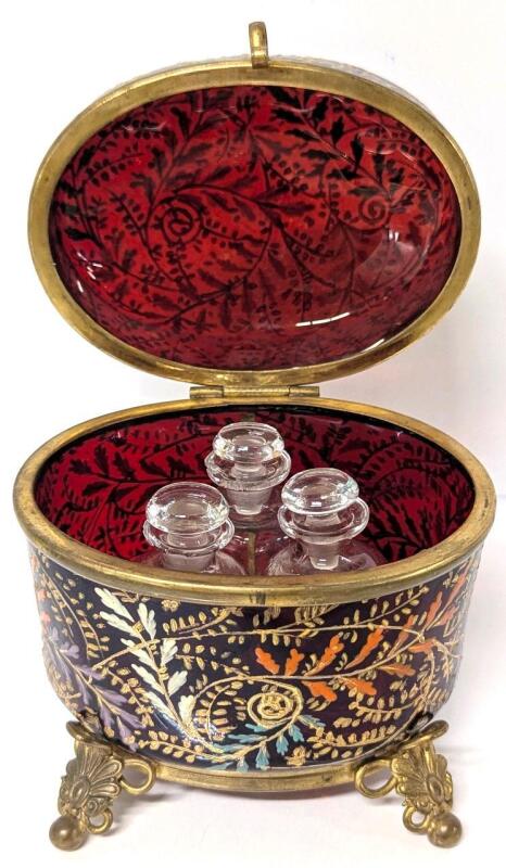 Stunning Possibly Antique Handpainted Bronze & Cranberry Glass Perfume Casket With 3 Bottles, Casket 4.75" Tall, No Chips or Cracks to Casket, Chip in 1 Bottle, Bottles May Not Be Original