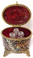 Stunning Possibly Antique Handpainted Bronze & Cranberry Glass Perfume Casket With 3 Bottles, Casket 4.75" Tall, No Chips or Cracks to Casket, Chip in 1 Bottle, Bottles May Not Be Original