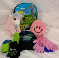 Kids Supply Kit. 2 Backpacks, Animal Purse, and 6 pairs of gloves and a toque. Backpack measures 11" Tall