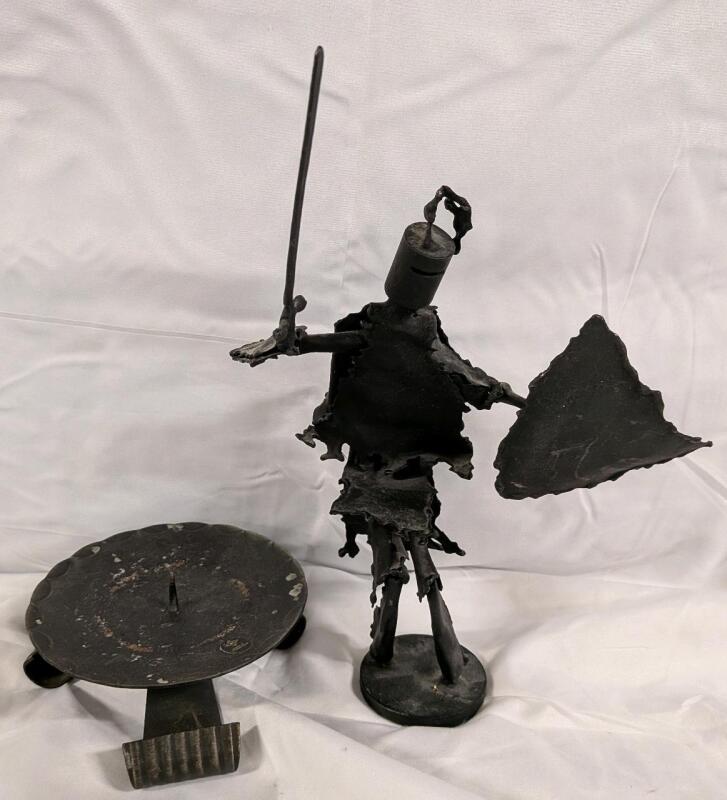 Metal Candle Holder and Hand Made Metal Knight Statue. Statue Measures 11" Tall.