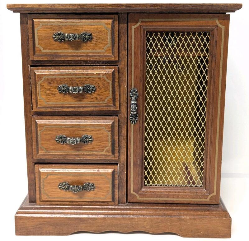 Vintage Wooden Musical Jewelry Box Made in Taiwan. 10.5" Tall (Music Plays When Bottom Drawer Removed)