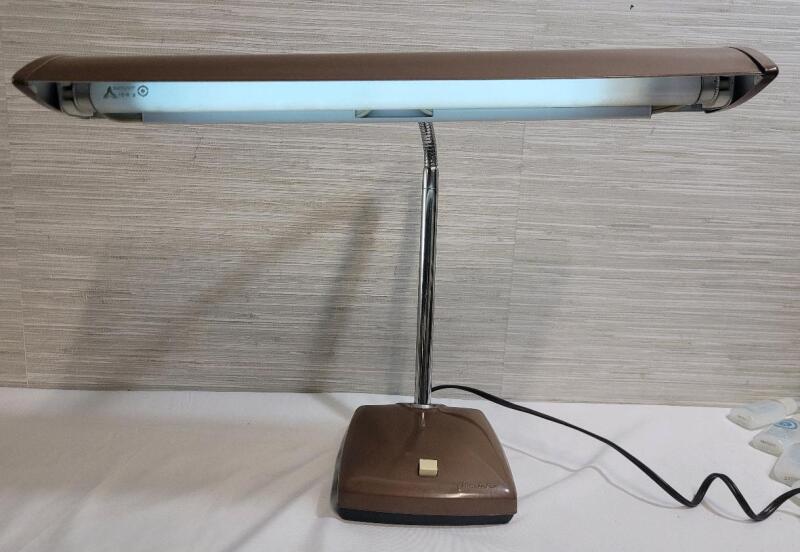 Vintage IMAR Mid-Century Industrial Fluorescent Metal Gooseneck Brown Desk Lamp. Tested working , will require new bulb soon