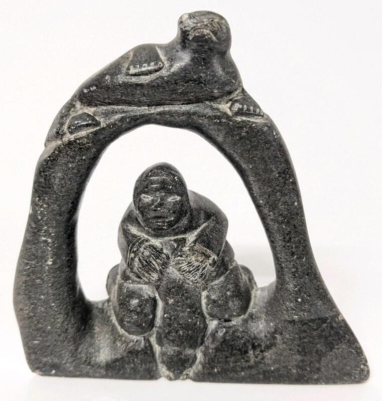 Vintage Signed Inuit Soapstone Carving. Seal Hunter With Catch & Seal Hiding Up Top, 5" Tall