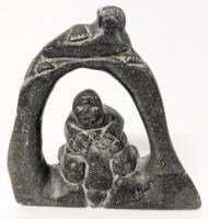 Vintage Signed Inuit Soapstone Carving. Seal Hunter With Catch & Seal Hiding Up Top, 5" Tall