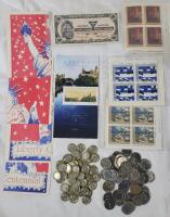 Numismatist / Philatelist Junk Drawer Lot . 50+ TTC Tokens , 1965 - ???? Canadian Nickels , Unused Canadian Stamps , 1985 Canadian Tire 10-Cent & 1986 Statue of Liberty Centennial Postcard Set .