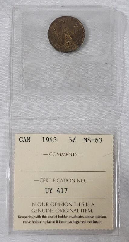 1943 Canadian Tombac Victory 5 Cent Nickel , ICCS Graded MS-63