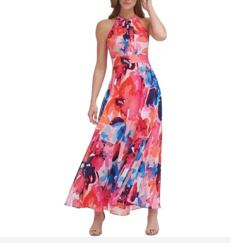 New Size 14 Women's ELIZA J Watercolor Floral Vibrant Print Halter Bow Tie Back Maxi Dress, EJ0M5449, Retails Over $100