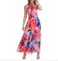 New Size 14 Women's ELIZA J Watercolor Floral Vibrant Print Halter Bow Tie Back Maxi Dress, EJ0M5449, Retails Over $100