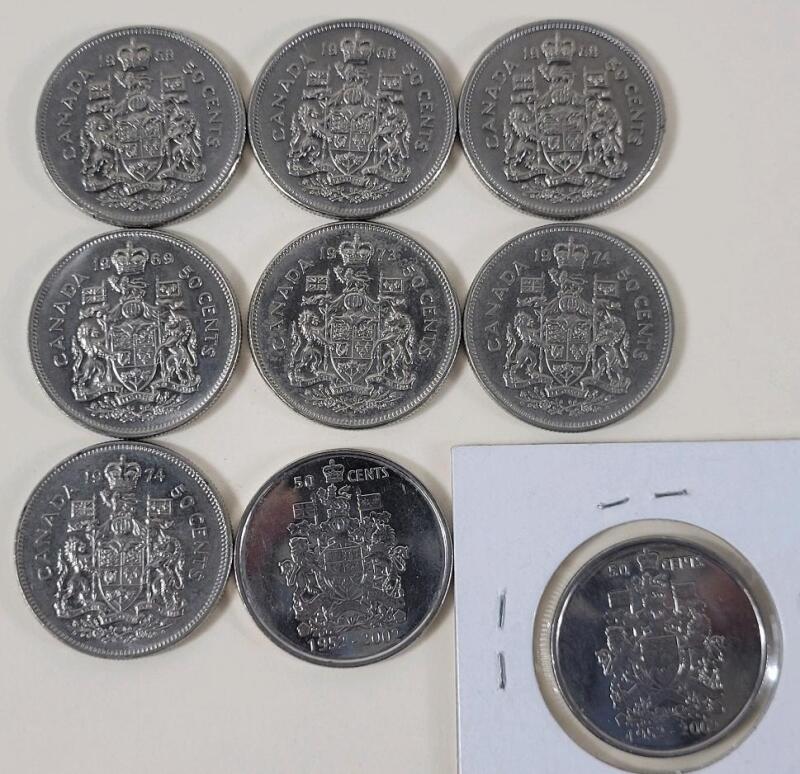 1968 - 2002 Canadian 50 Cent Half Dollar Coins . 1968 &times;3 , 1969 , 1973 , 1974 &times;2 , 2002 &times;2 . Nine (9) Coins