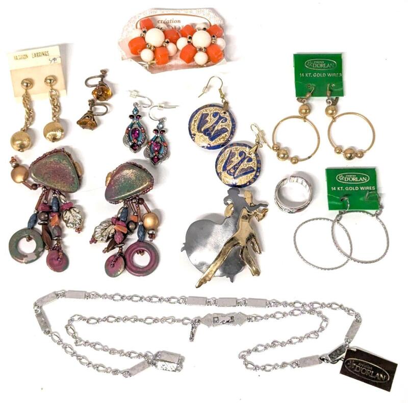 Vintage to Modern Jewelry: Signed D'ORLEN Chain 26", Clip-On, Screw-Back & Pierced Earrings, Size 7 Open-Cuff Ring With Enamel Koi Fish, Brooch