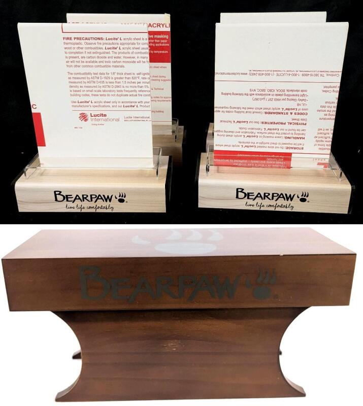 4 New Bearpaw Acrylic Sign Holders With Risers, 12.5" Tall + Wooden Swerve Leg Display 6" Tall, Holders Accommodate Pages Up To 8" &times; 10" (Peel Protective Paper From Holders)