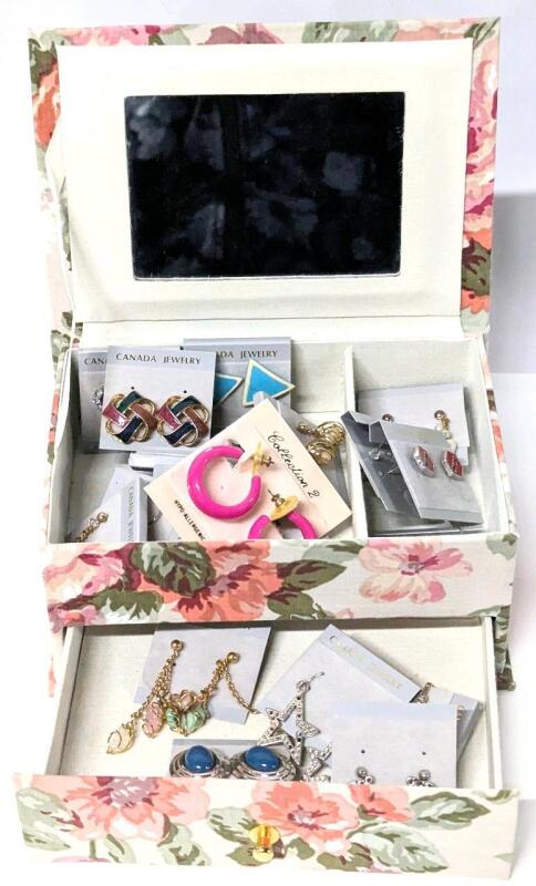 20 Pairs Pierced Earrings in 2-Tier Fabric Covered Jewelry Box, 4.5" &times; 6.5" &times; 3"