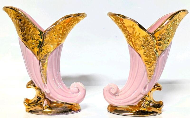 Vintage MCM Pair of Unsigned Savoy China Weeping Gold Trim Pink Cornucopia Horn Vases, 6" Tall Each, No Cracks, Fleabites Can be Felt Along Edge, Chip Along Bottom Edge of One