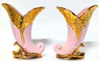 Vintage MCM Pair of Unsigned Savoy China Weeping Gold Trim Pink Cornucopia Horn Vases, 6" Tall Each, No Cracks, Fleabites Can be Felt Along Edge, Chip Along Bottom Edge of One