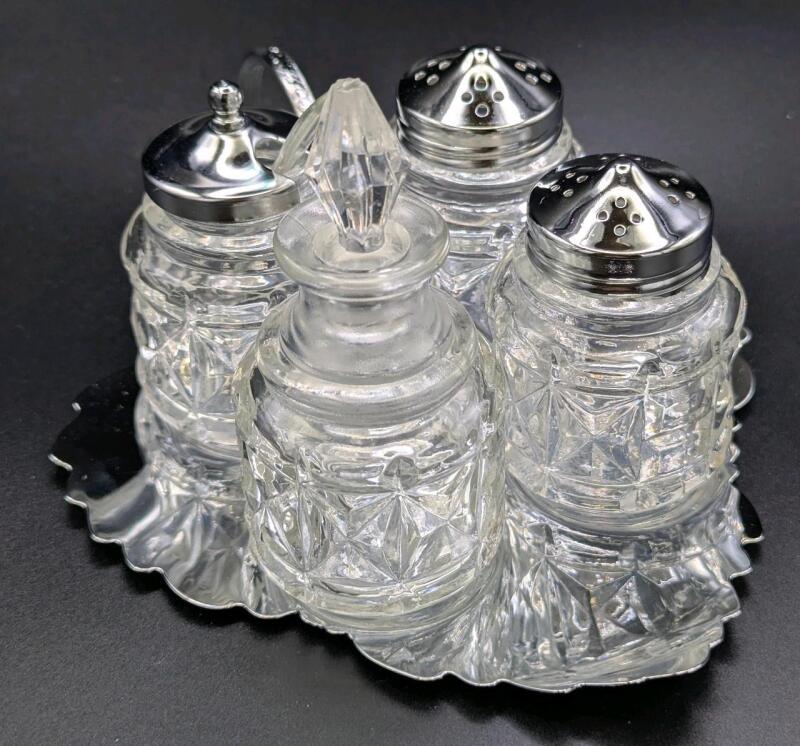 Vintage Leaf Shaped Chrome & Glass Condiment Set With 2 Shakers, Jam Jar & Bottle With Plastic Stopper, Up To 4" Tall