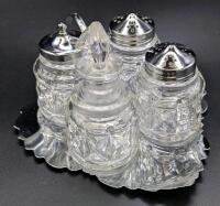 Vintage Leaf Shaped Chrome & Glass Condiment Set With 2 Shakers, Jam Jar & Bottle With Plastic Stopper, Up To 4" Tall