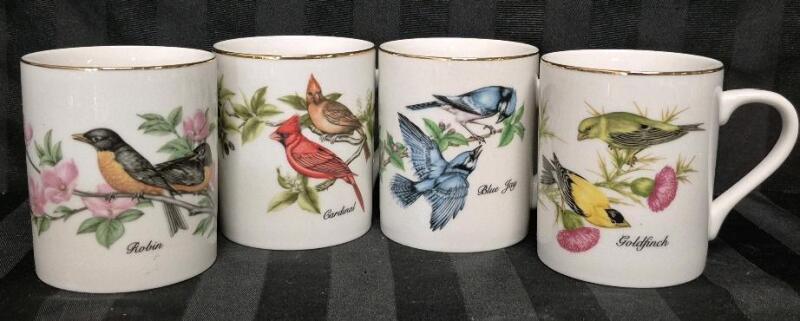 4 Vintage 1985 Bird Coffee Cups by John James Audubon Porcelains - Robin, Cardinal, Blue Jay and Goldfinch