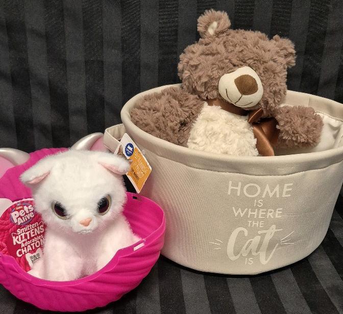 As New Pets Alive Talking Cat "Meow's" + New Storage Basket & Ganz Teddy Bear Plush