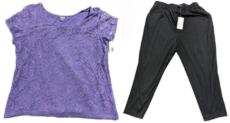 New Size 2XL Women's LAURA SCOTT Crochet Floral Lace Tee & Basic Edition Plus Elastic Waist Pants