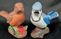 2 Vintage Bisque Ceramic Birds. Robin is Signed. 6.5" Tall