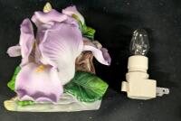 Purple Iris Porcelain Night Light Cover with Night Light. Tested Working. 4.5" Tall