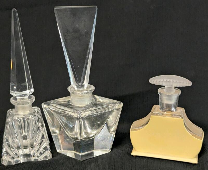 3 Vintage Perfume Bottles: West German Art Deco Lead Crystal, Bavarian Crystal & Glass With French Ivory, Up To 6" Tall, No Cracks, Fleabites Can Be Felt