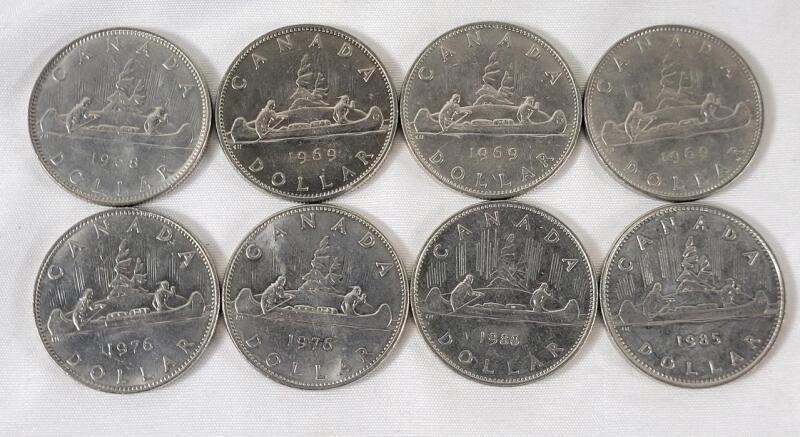 1968 - 1985 Canadian One Dollar Coins , 8 Coins . 1968 , 1969 &times;3 , 1976 &times;2 , 1980 , 1985