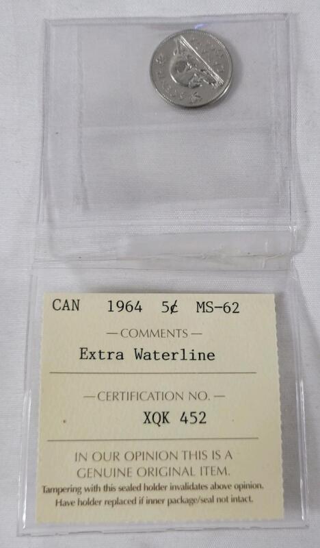 1964 (extra water line) Canadian 5 Cent Nickel , ICCS Graded MS-62 - Extra Water Line .