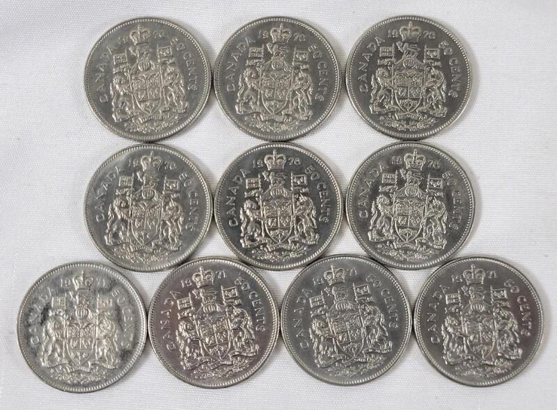 1970 & 1971 Canadian 50 Cent Half Dollar Coins , 10 Coins . 1970 &times;6 & 1971 &times;4