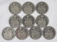 1970 & 1971 Canadian 50 Cent Half Dollar Coins , 10 Coins . 1970 &times;6 & 1971 &times;4