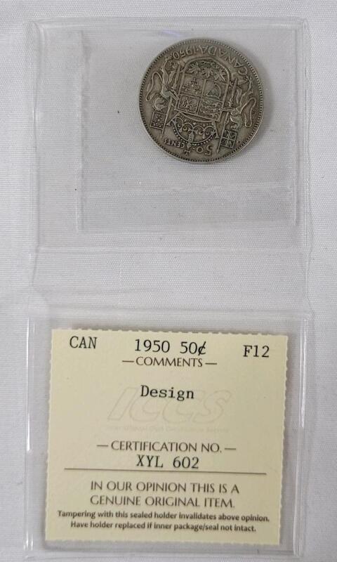 1950 Canadian Silver 50 Cent Half Dollar Coin , ICCS Graded F12 - Design