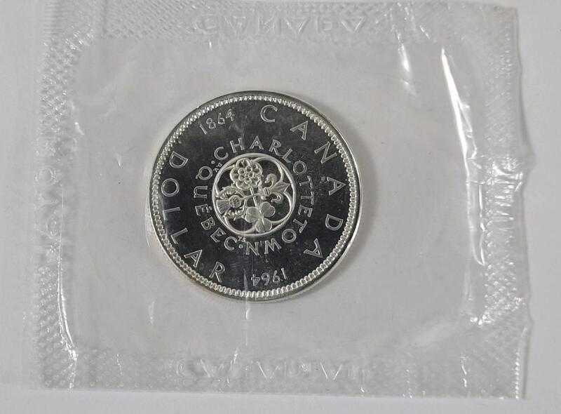1964 (1864-) Canadian Silver One Dollar Coin . Uncirculated , Sealed in Cellophane