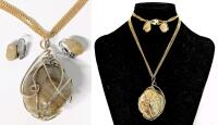 HUGE Vintage Wire-Wrapped Agate Stone Pendant on 24" Long Triple Chain With Fold-Over Clasp & Matching Clip-On Earrings, Stone Approx 2" Long