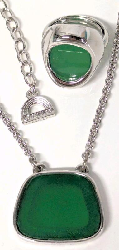 Vintage Signed D'ORLEN Bezel-Set Green Stone Necklace #4255 & Matching Size 7 Ring