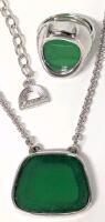 Vintage Signed D'ORLEN Bezel-Set Green Stone Necklace #4255 & Matching Size 7 Ring