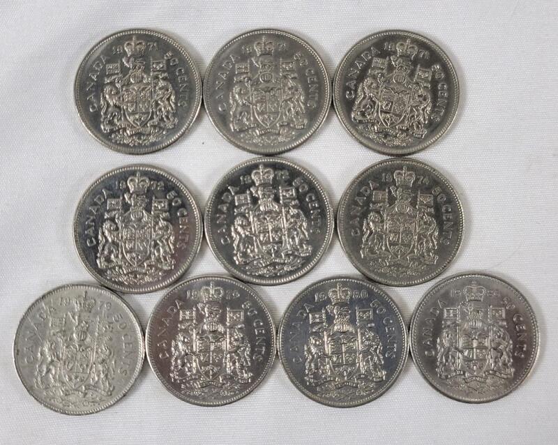 1971 - 1986 Canadian 50 Cent Half Dollar Coins , 10 Coins . 1971 &times;3 , 1972 &times;2 , 1974 , 1979 &times;2 , 1980 , 1986 .