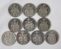 1971 - 1986 Canadian 50 Cent Half Dollar Coins , 10 Coins . 1971 &times;3 , 1972 &times;2 , 1974 , 1979 &times;2 , 1980 , 1986 .