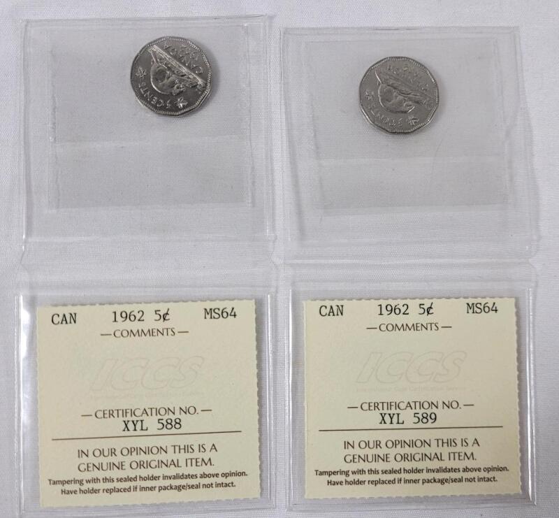 Two (2) 1962 Canadian 5 Cent Nickels . Both ICCS Graded MS-64