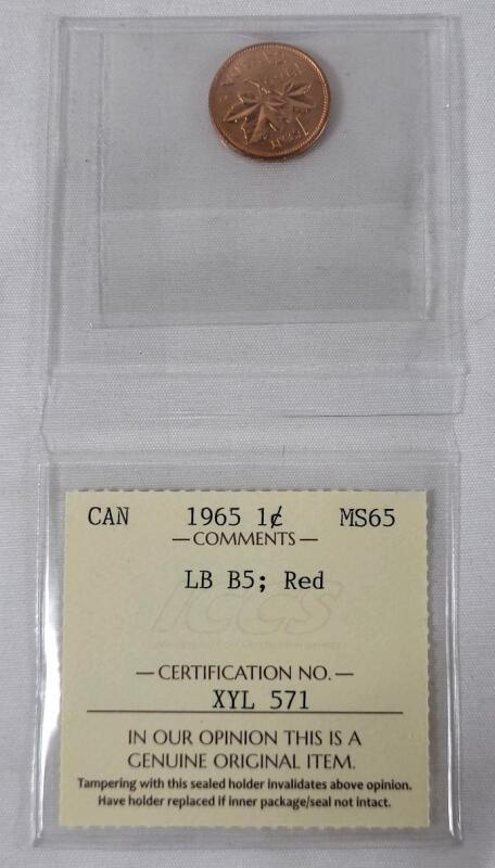 1965 Canadian One Cent Penny . ICCS Graded MS-65 - Large Beads Blunt 5